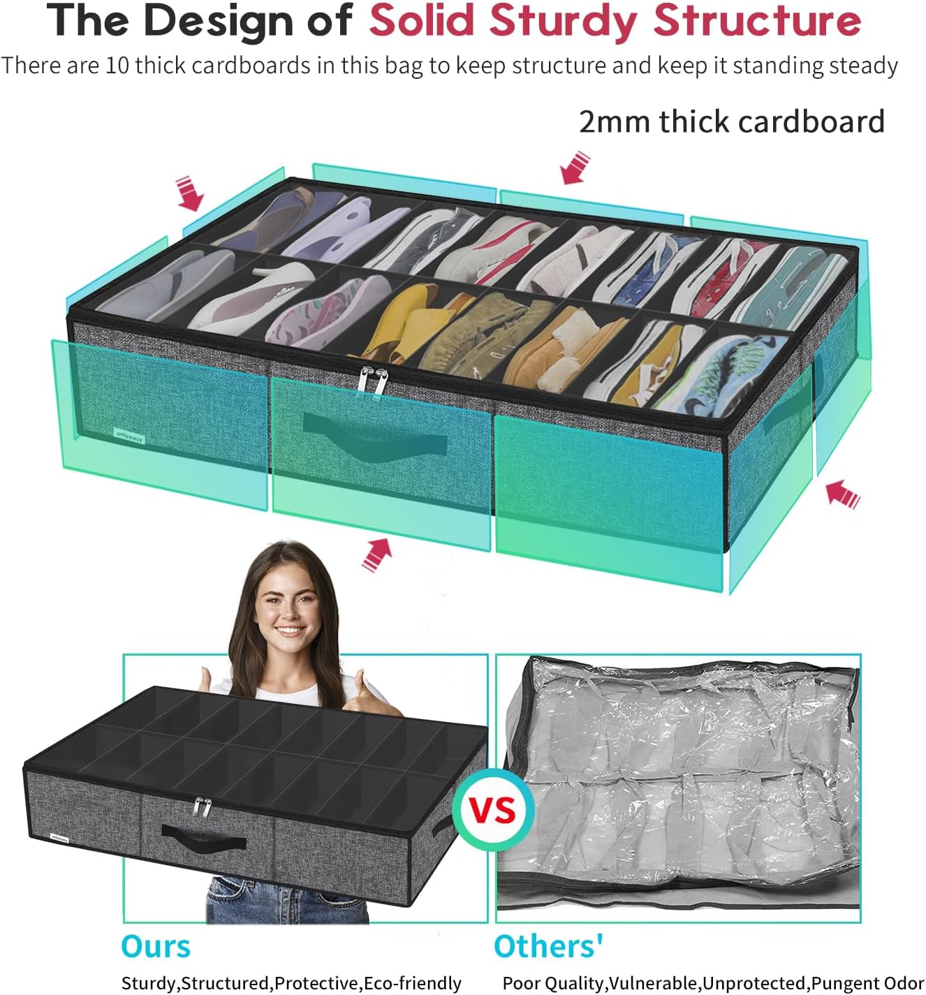 Onlyeasy Sturdy Under Bed Shoe Storage Organizer with Handles and Clear Window Fit 16 to 32 Pairs, Premium Foldable Shoes Container Box for Closet, 37.7x 23.6x 5.9 inch, Cotton-like Black, MXBUBS16P2