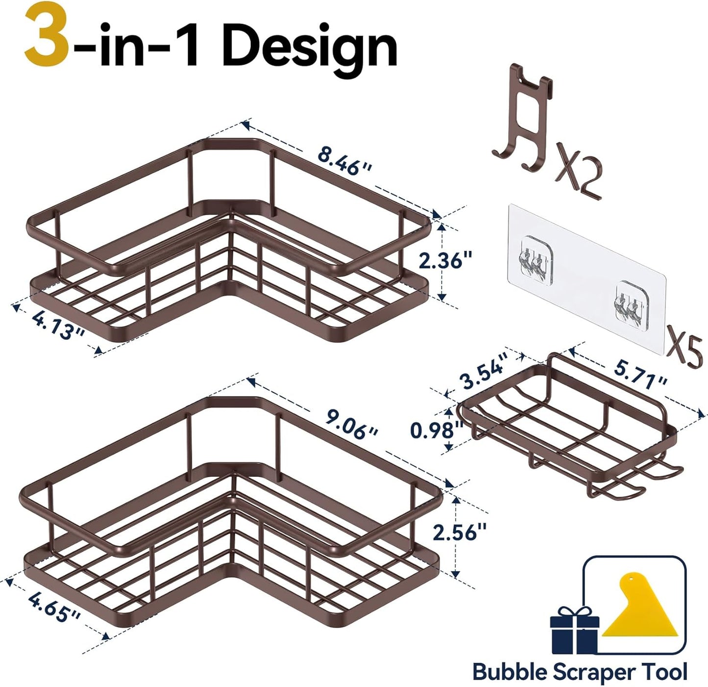 YASONIC Shower Caddy Corner, 3-Pack Adhesive Rustproof Stainless Steel Shower Shelves with Soap Holder, No Drilling Shower Organizer Corner for Dorm, Renters Bathroom, Bronze