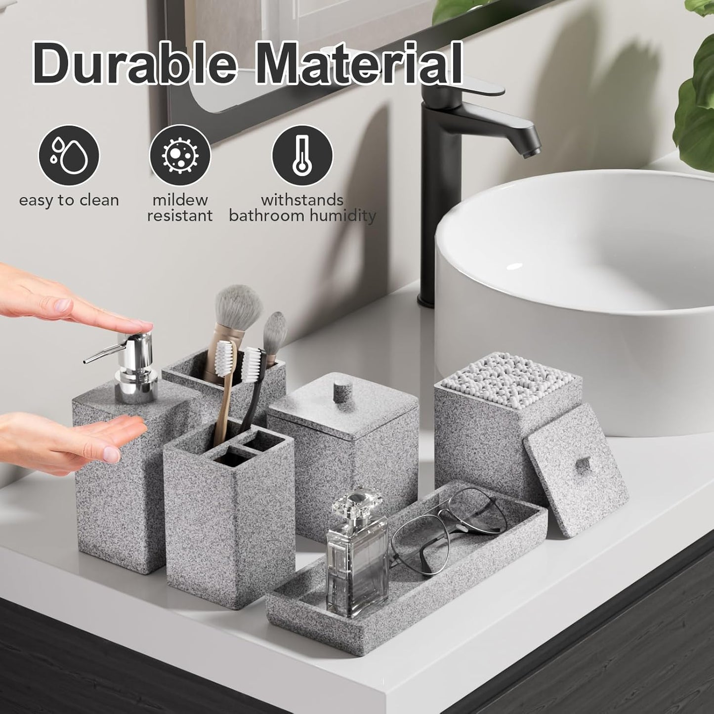 Gray Bathroom Accessories Set Resin 6PCS, Square Toothbrush Holders Set Complete with Soap Dispenser, Vanity Tray, Tumbler, Cups and Cotton Swab Jars for Counter, Sink or Small Spaces