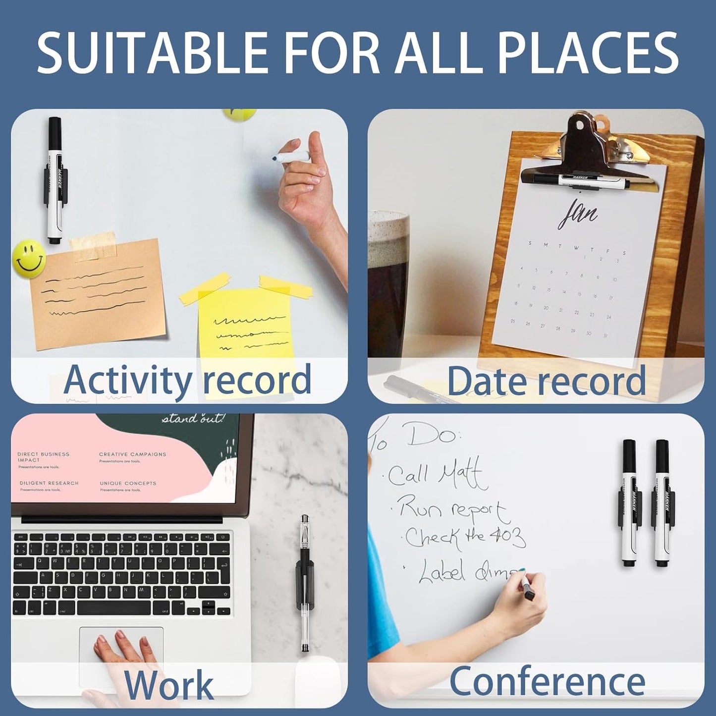 Pencil Holder for Desk Set of 20, Adhesive Pen Holder with 20 Extra Upgraded Stickers, Silicone Pen Holders & Marker Clip for Walls, Clipboards, Classroom, Office, Teacher Accessories Supplies (Black)