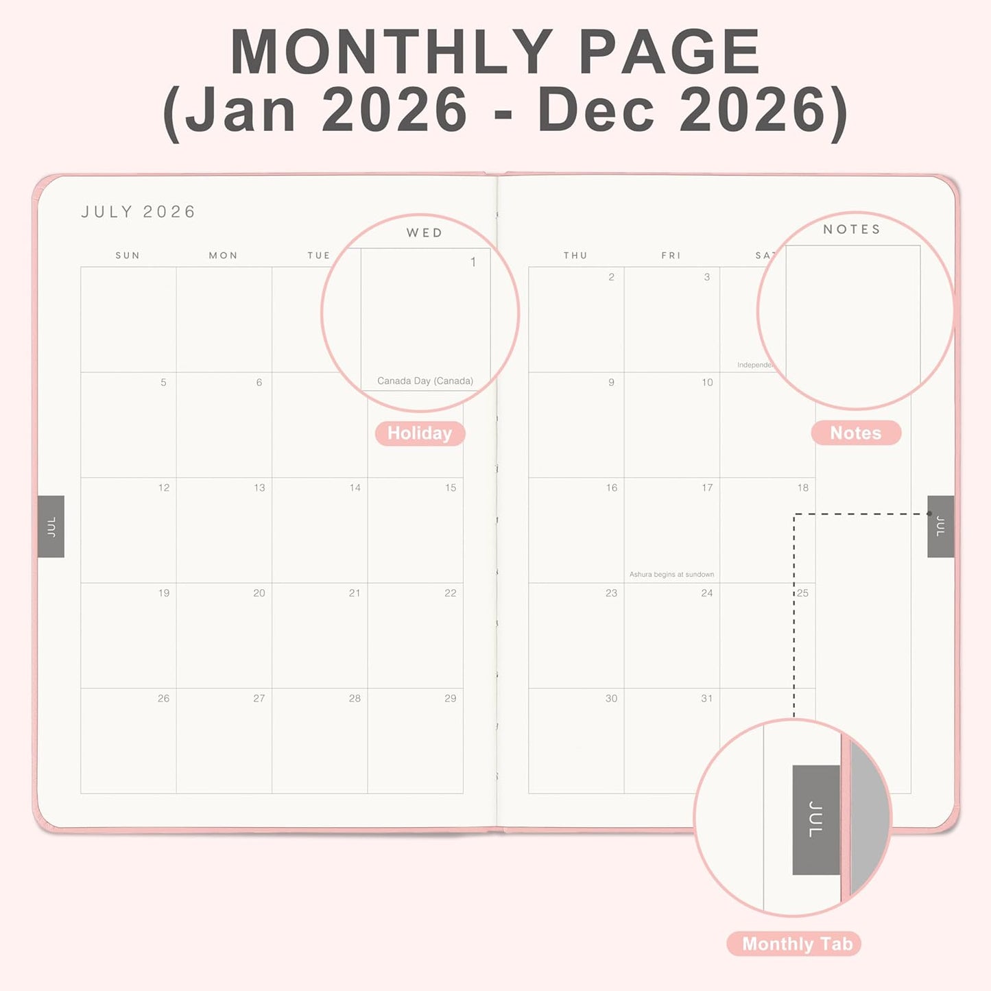 And Per Se 2026 Planner-Daily, Weekly & Monthly Leather Hardcover Planner, 5.7" x 8", Daily Schedule, Monthly Tabs, 100 GSM Thick Paper, Back Pocket(Pink)