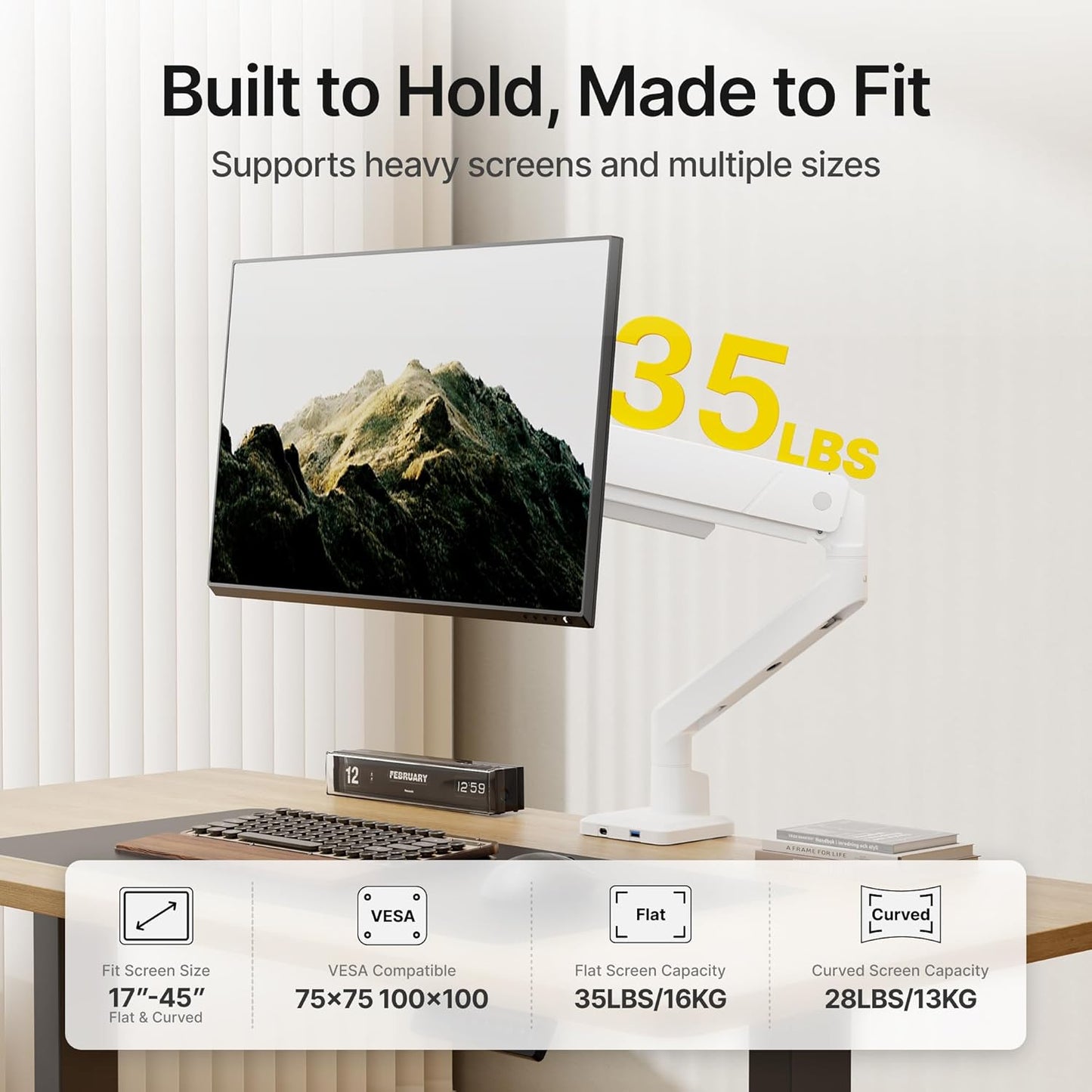 monTEK Single Monitor Arm with USB for Max 45 Inch Ultrawide Screens Adjustable Monitor Desk Mount Holds 35 Lbs Cable Management with C Clamp/Grommet Desk Mount, VESA 75/100mm, MA1007UCWH