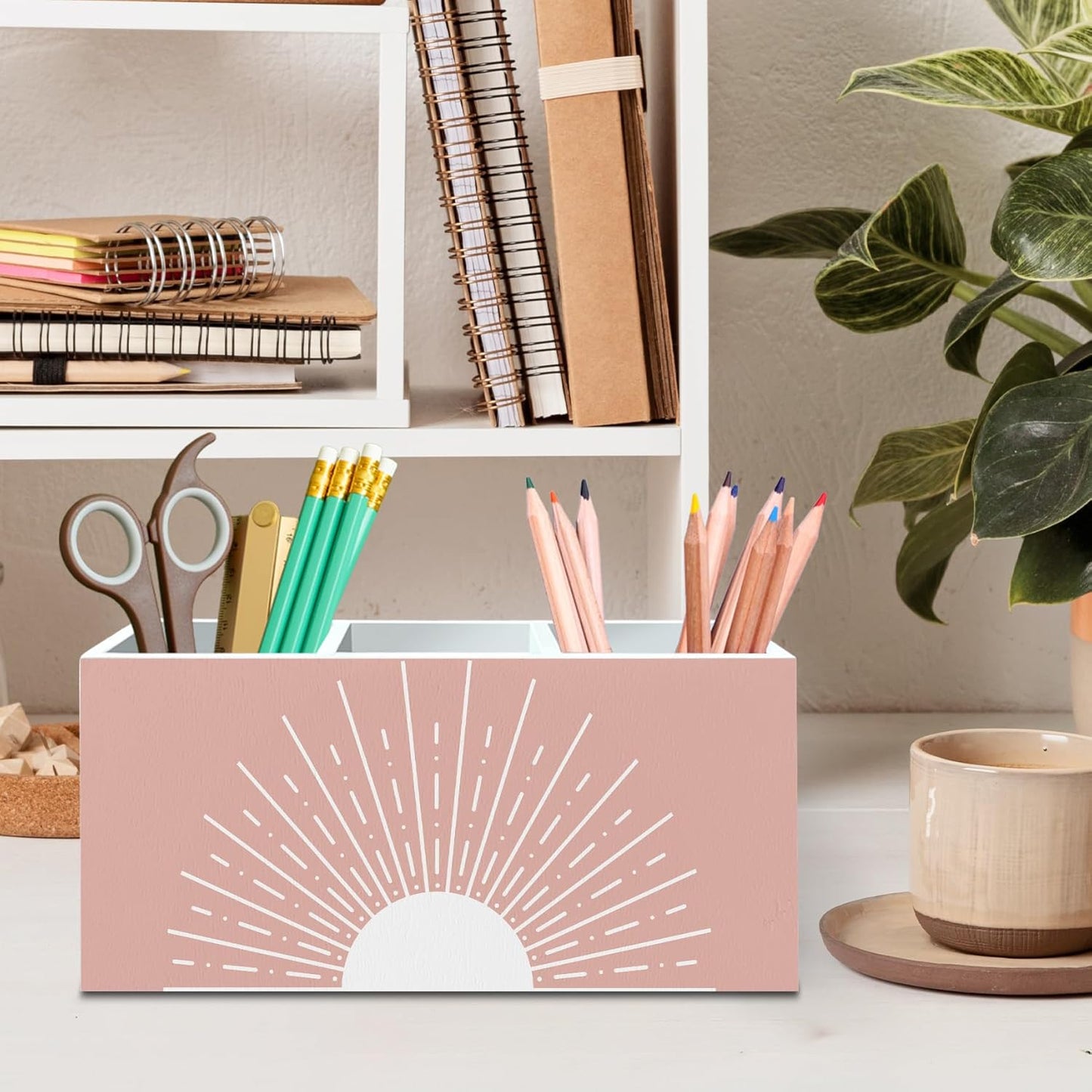 DILSJ Pink Boho Abstract Sunshine Pen Pencil Holder Organizer for Desk, Boho Office Decor, Pink Mid Century Modern Minimalist Sun Sunshine Wooden Box Signs for Home Office Desk Tabletop Decoration