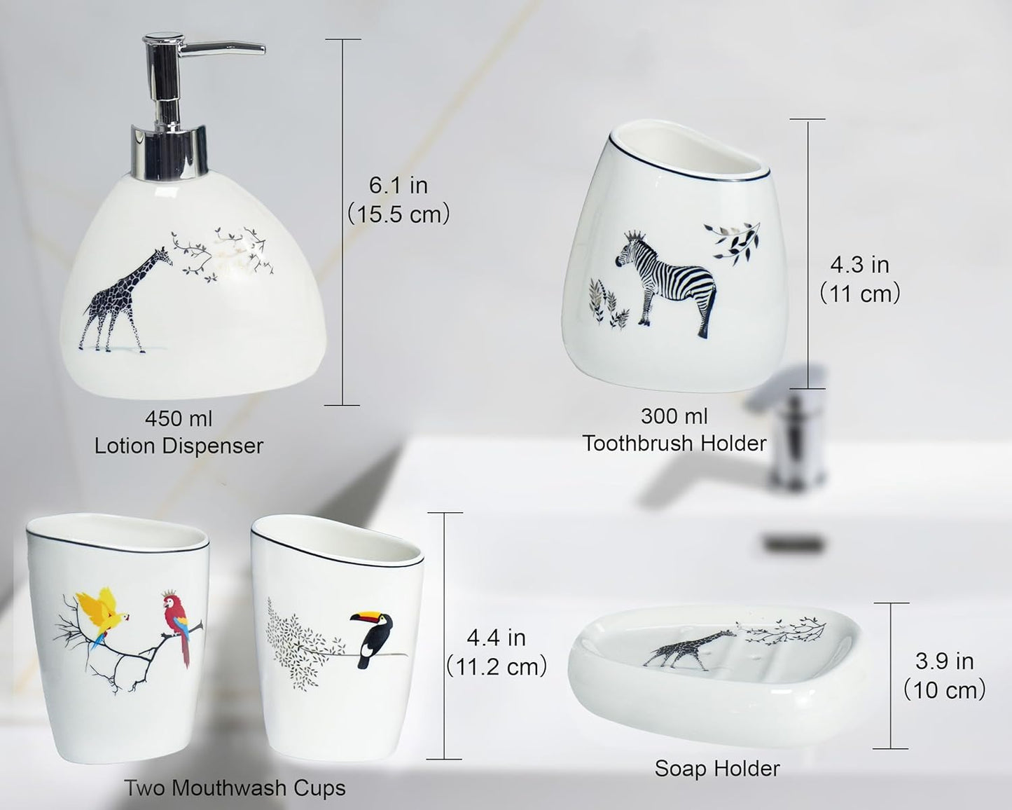 5 Piece Ceramic Bathroom Accessory Set with Animal Pattern, Includes Soap Dispenser, Toothbrush Holder, Soap Dish & 2 Mouthwash Cups, Modern Elegant Countertop Decor for Bathroom Vanity