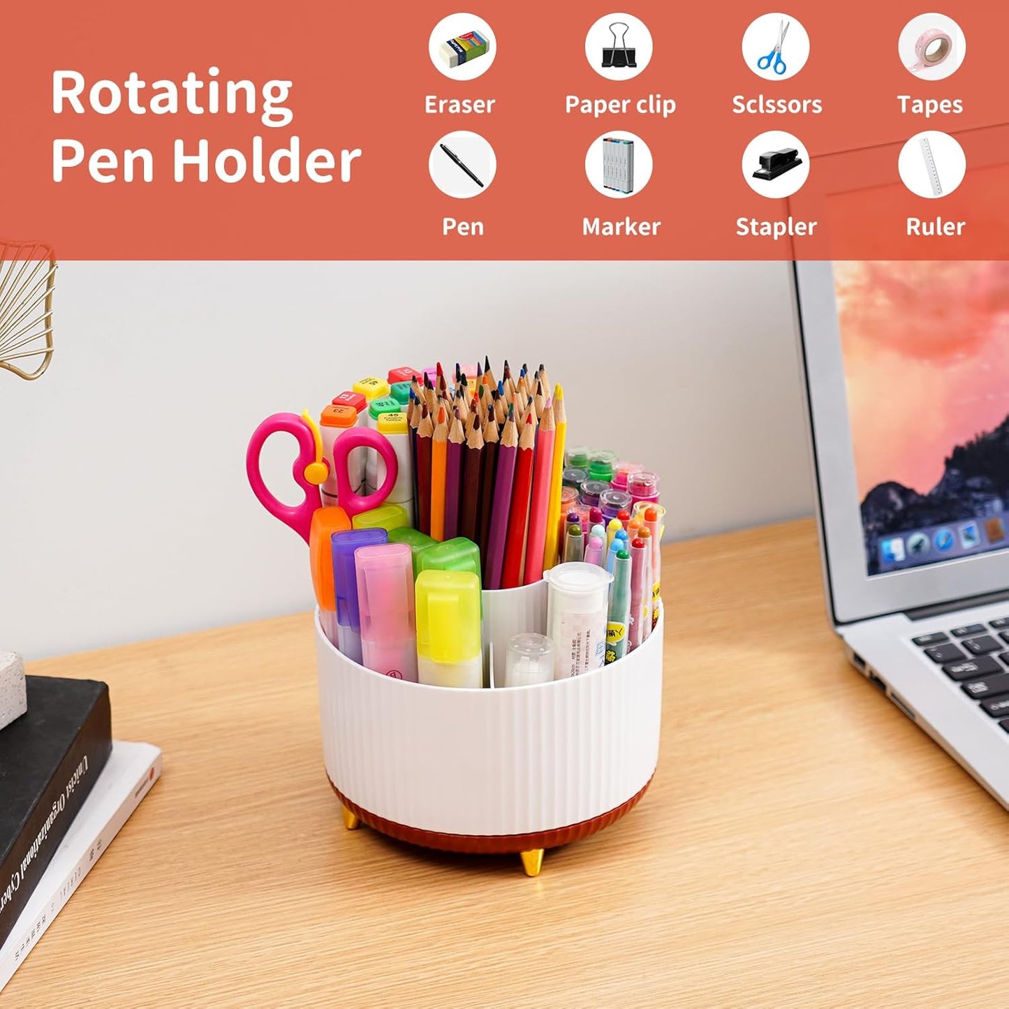 Marbrasse Desk Organizer, 360-Degree Rotating Pen Holder, Desk Organizers and Accessories with 5 Compartments Pencil Holder, Art Supply Storage Box Caddy for Office, Home (White+Red)