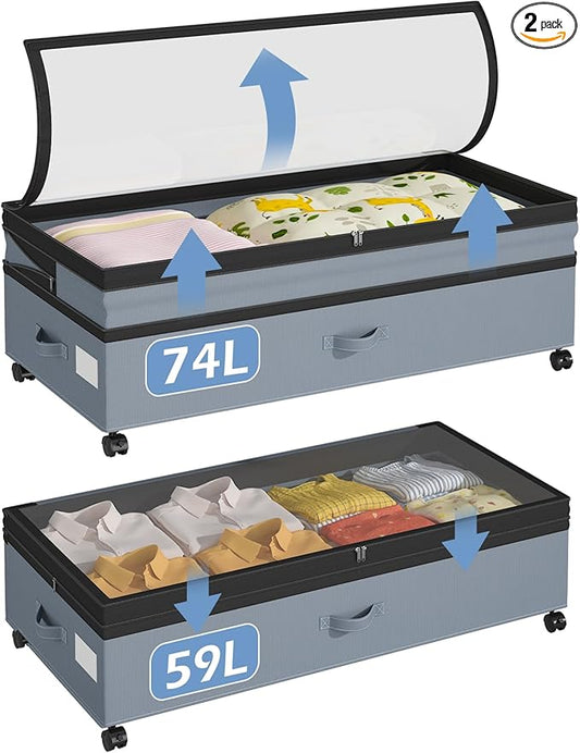 Underbed Storage Containers with Wheels and Lid Expandable Shoe Rolling Storage Bin Adjustable 9.8-10.6 Inch Height Under Bed Drawers for Dorm, Clothes, Blankets, Housewarming Gift 2 Pack Grey