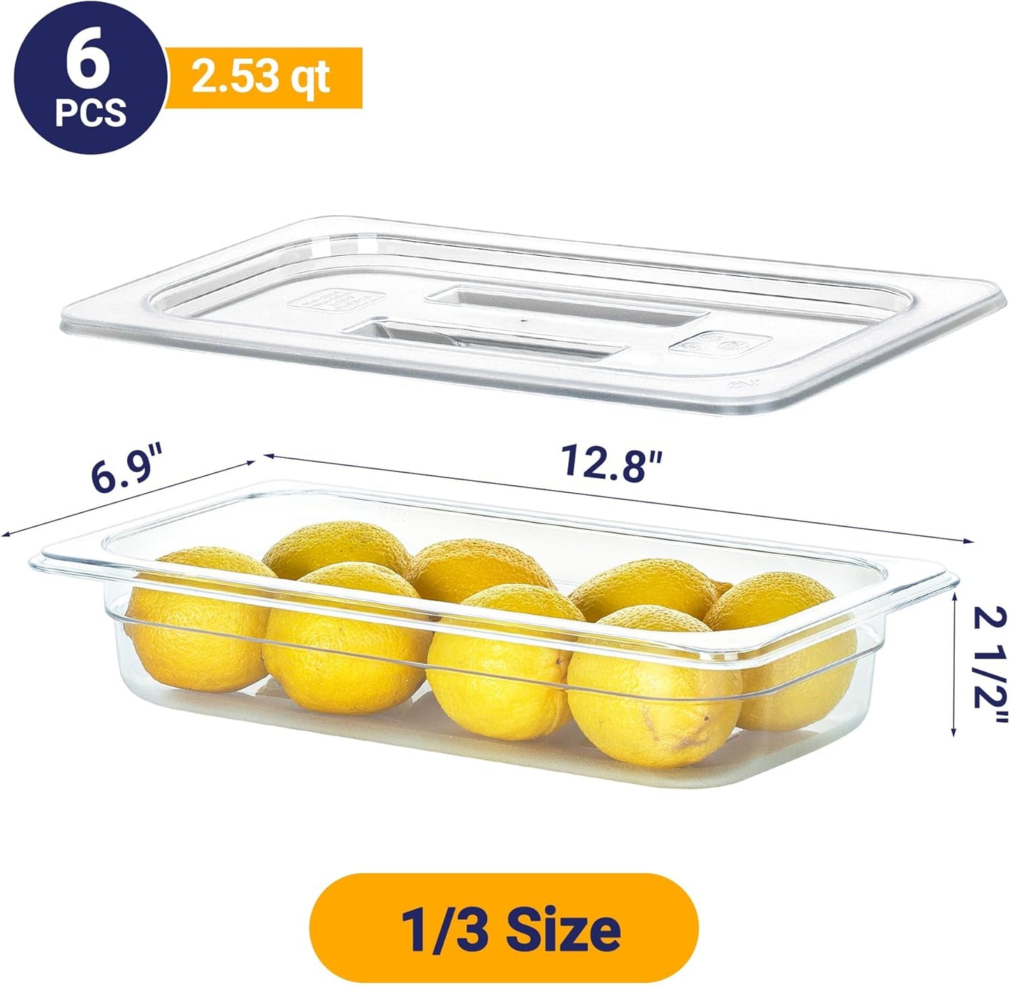 6 Pack NSF Food Pans with Lids, 1/3 Size 2.6'' Deep Commercial Food Storage Containers, Polycarbonate, Clear