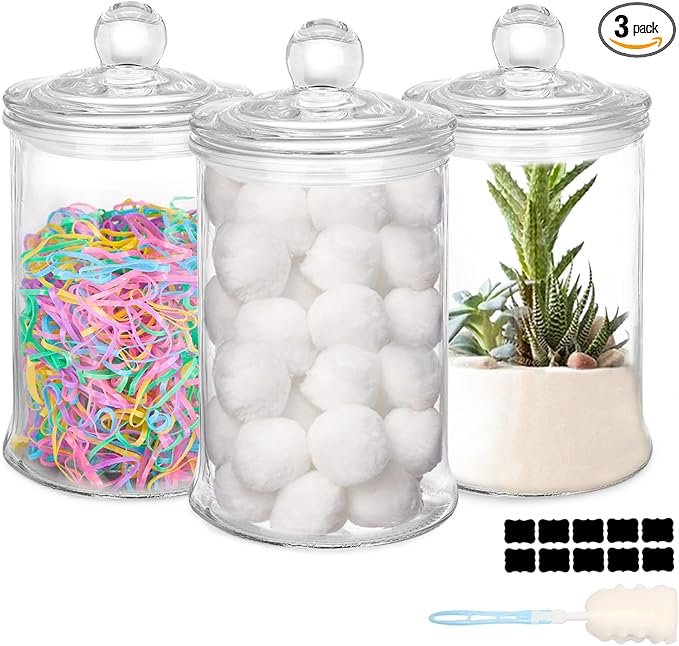 3 Pack Glass Apothecary Jars with Lids, 25oz Clear Bathroom Accessories Canisters Storage Organizer, Cotton Ball Holder Containers, Glass Jars for Bathroom, Vanity, Laundry Room