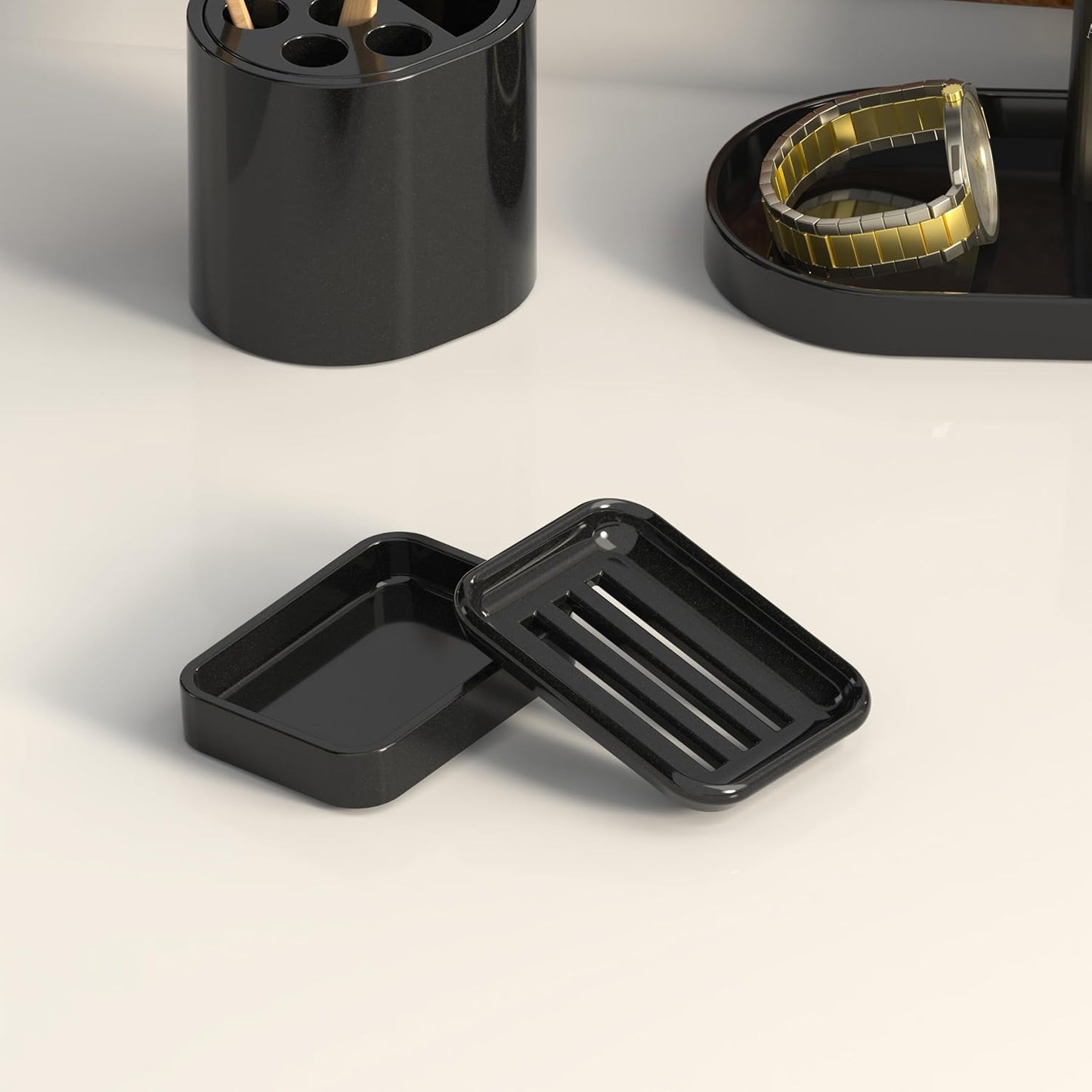 Composite Granite Soap Dish, Double Layer Strainer Soap Holder, Suitable for Kitchens, Bathrooms, and Bar Sinks, Durable Soap Holder for Shower, Best Place for Your Soap Bar (Black)