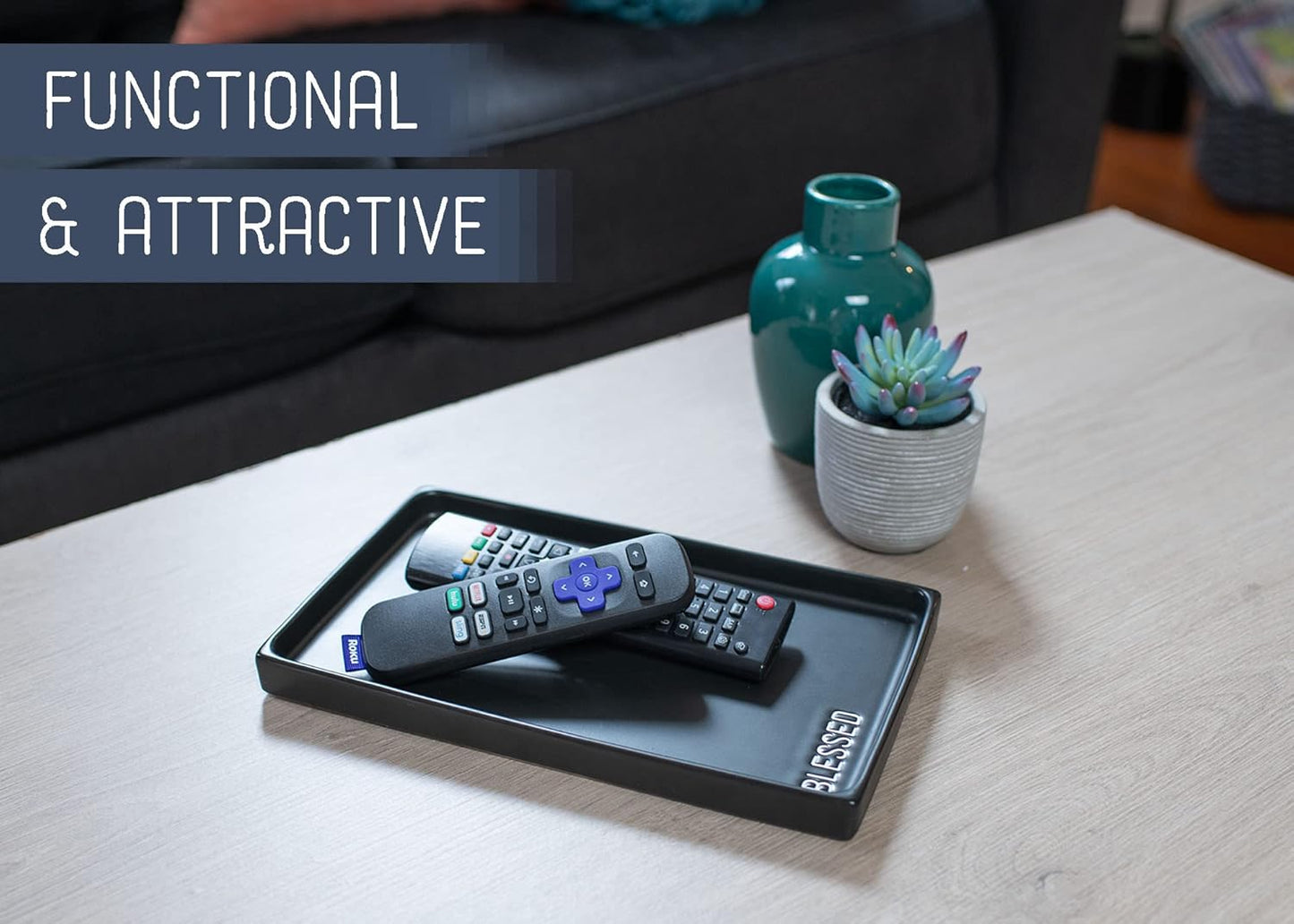 NAT & Jules Blessed 10 x 6 inch Ceramic Stoneware Vanity Tray - Perfect Bathroom or Kitchen Counter Organization Décor: Sponge Holder, Soap Dish, Jewelry and Perfume Tray, Blessed Black