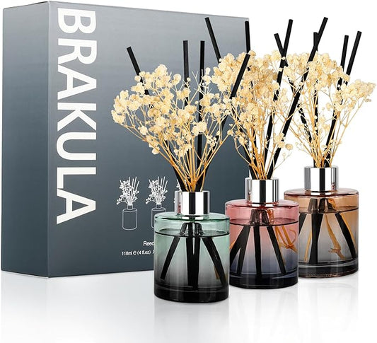 Brakula 3 Pack Reed Diffuser, Oil Diffuser Sticks, Fresh Linen, Eucalyptus&Wild Mint, Lavender Vanilla (4 fl oz Each Pack), Home Fragrance with 18 Sticks, Home Decor, Reed diffusers for Home