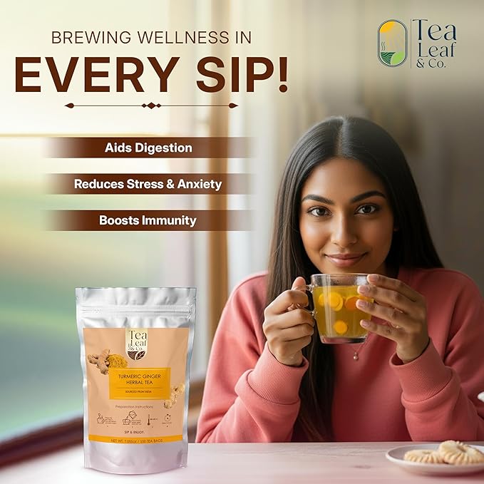 Tealeaf & Co. Turmeric Ginger Herbal Tea - Organic Ginger Turmeric Tea Bags with Fresh Herbs and Spices - Low Caffeine & Gluten Free - 100 Teabags (7.055oz/200gm)