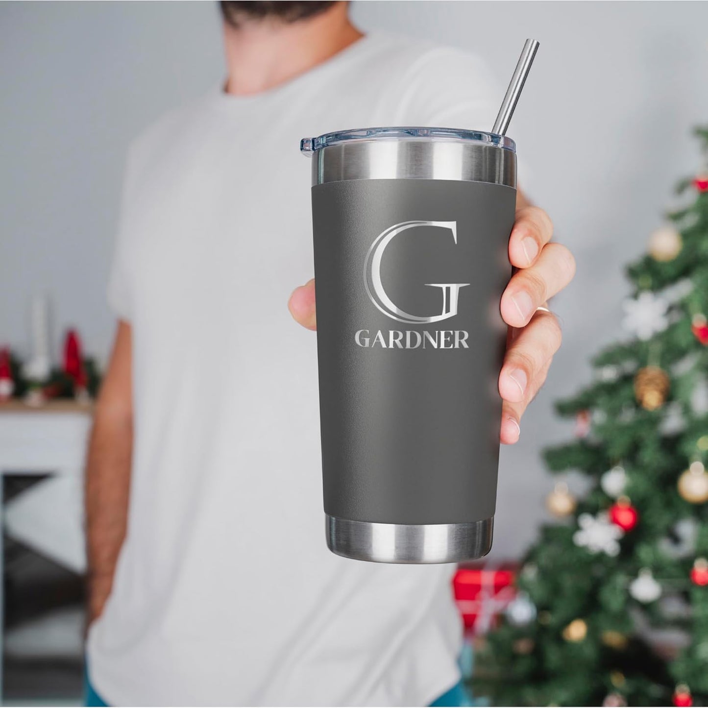 Personalized Tumbler with Engraved Name - 12 Designs, 30 Oz Coffee Tumbler with Slider Lid, Gray, Double Wall Insulated - Custom Gifts for Him & Her