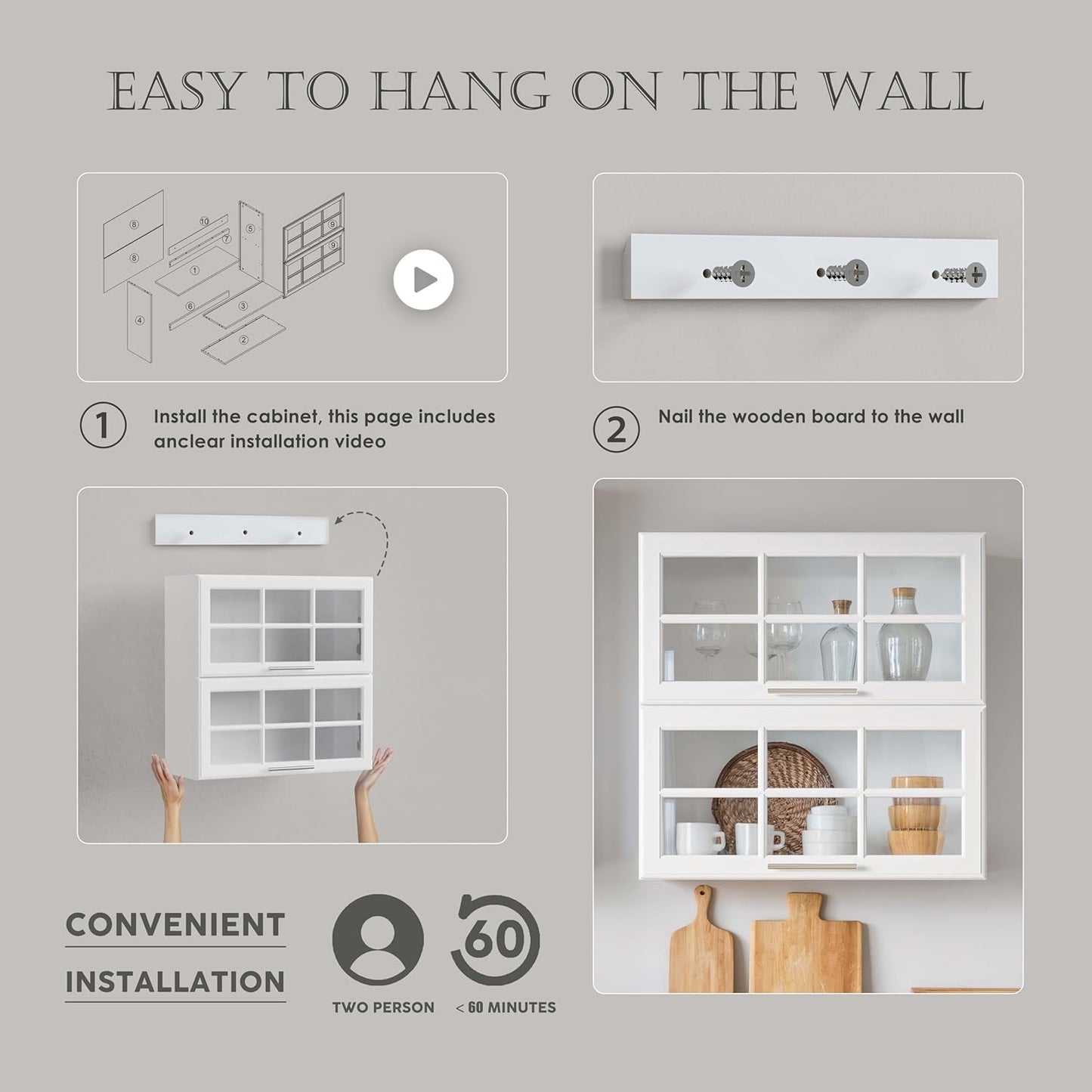 FIMELLO 29.5’’ Laundry Room Cabinets Wall Mounted, Bathroom Wall Cabinet, Cabinet Above Toilet, Hanging Display Cabinet, Kitchen Wall Cabinet with Glass Door, White