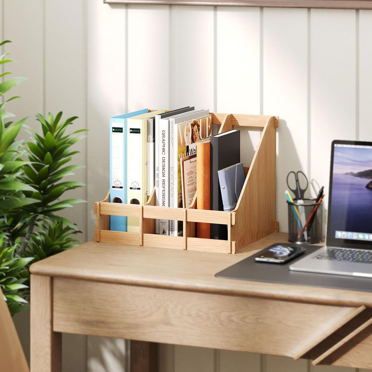 Bamboo Desktop Magazine Holder Desk File Organizer 3 Compartments Vertical File Dividers Book Holder Frames Document Cabinet Rack Storage Organizer Box for Home Office School Black (Nature)