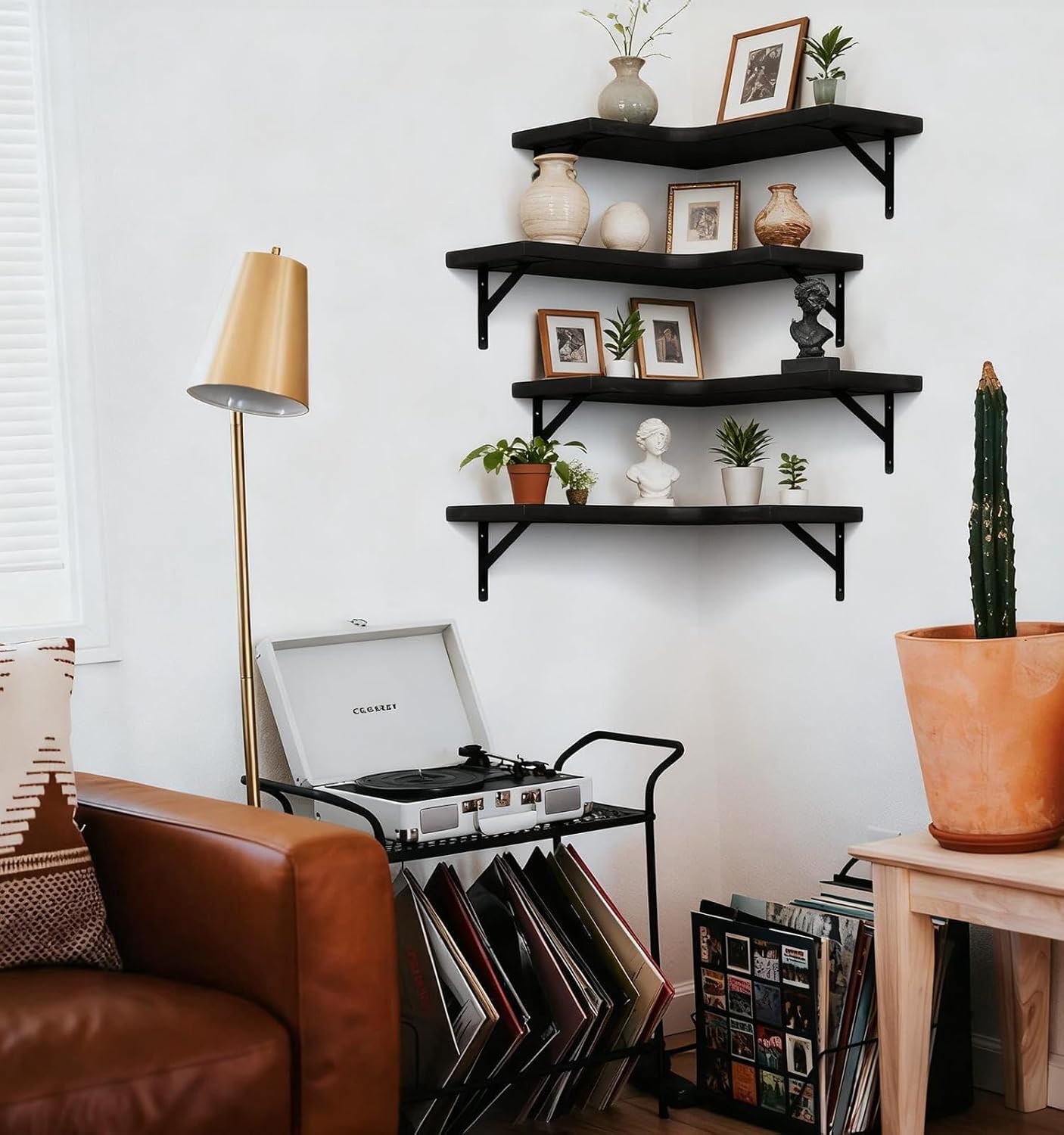 LEOPO Corner Floating Shelves Set of 4, Hardwood Storage Shelves, Cozy & Dependable Floating Shelves for Bedroom, Living Room, Kitchen, Office and More, Black