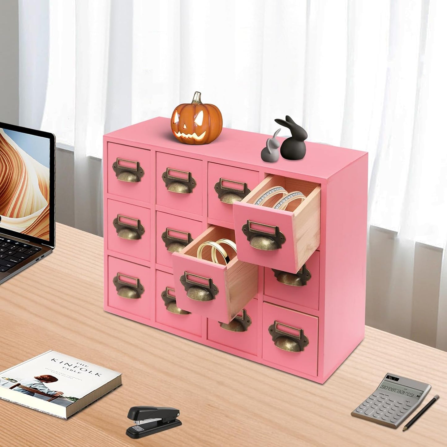 3-Tier Storage Cabinet, 12-Drawer Wooden Organizer with Metal Handles, Wooden Medicine Cabinet, Vintage Brown Solid Wood & Alloy Desktop Storage Shelf for Households, Offices (Pink)