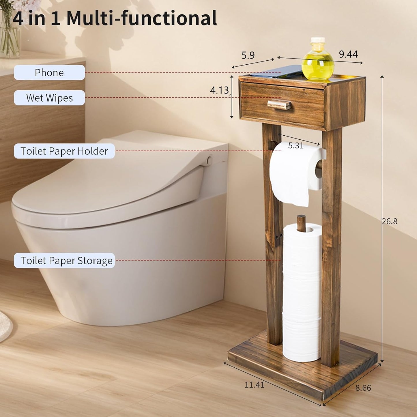 Freestanding Bathroom Toilet Paper Holder Stand with Shelf, Farmhouse Wooden Toilet Paper Roll Holder with Wet Wipes Storage Drawer(Brown)