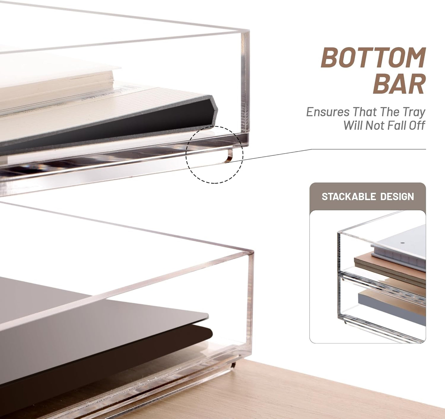 SANRUI Stackable Paper Tray,Acrylic File Organizer,Paper Tray Organizer for Desk,Clear Office Desk Organization for Office, Home or School，2 Tier