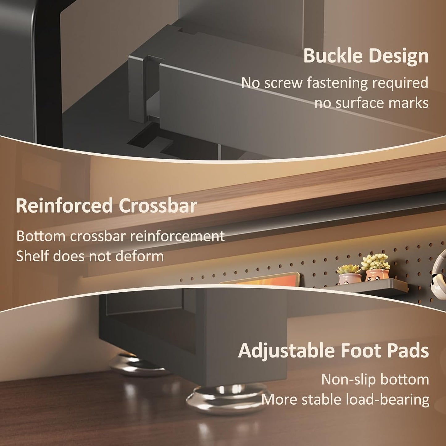 2/3 Tier Desk Hutch with Pegboard, Desk Shelf Organizer with Metal Frame, Space Saving Desktop Bookshelf, Desktop Shelf Organizer Display Rack for Study Table, Home, Of Black+Brown 53×10×26"(2-Tiers)