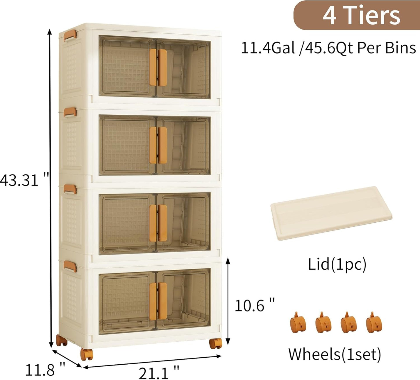 Plastic Stackable Storage Bins with Lids and Wheels, Foldable Closet Organizers and Storage Containers, Collapsible Clear Drawer Storage Cabinet with Doors White 45.6Gal