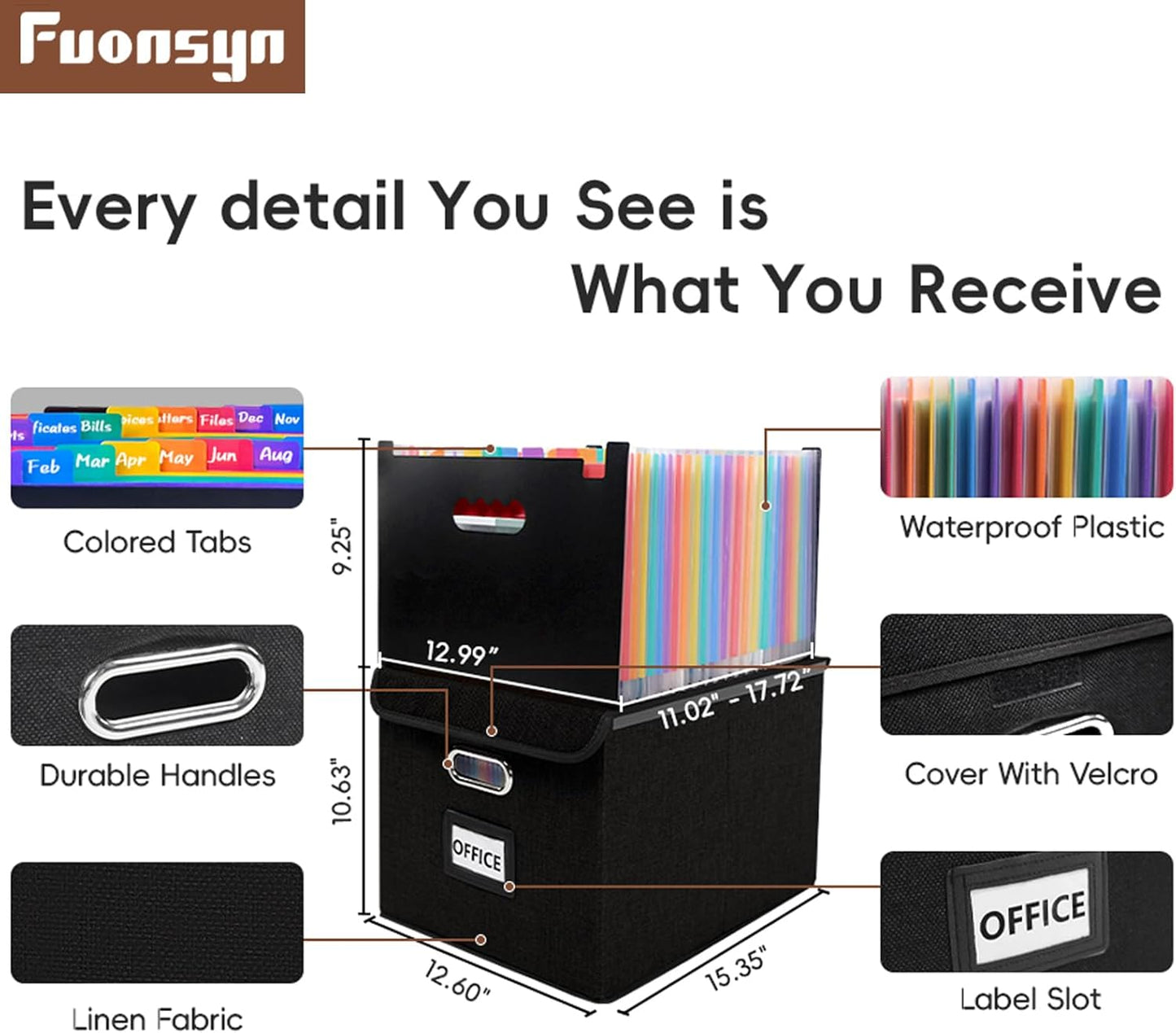 File Organizer Box with Folder, Accordion File Organizer 25 Pockets, File Folder Organizer with Lid for Home, Office, School, Dark Grey