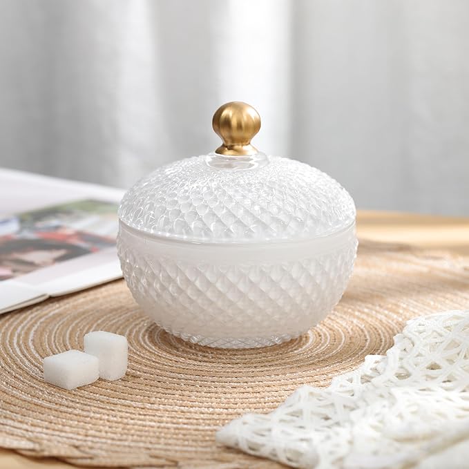 Joeyan 12 oz Small White Glass Jars with Lid,Embossed Glass Candy Dishes,Diamond Faceted Food Container,Decorative Jewelry Box Apothecary Canisters,Colored Kitchen Bathroom Buffet Storage Organizer