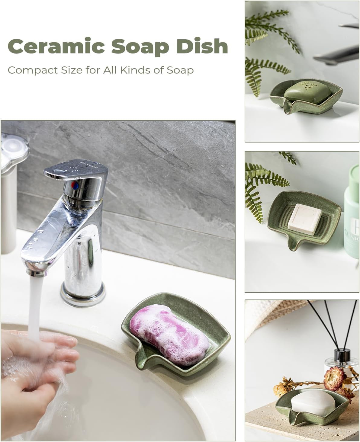 Self Draining Soap Dish, Ceramic Drain Soap Holder Waterfall Design Soap Saver for Shower, Bathroom, Sink, Kitchen and Countertop, Keeps Dry, Green
