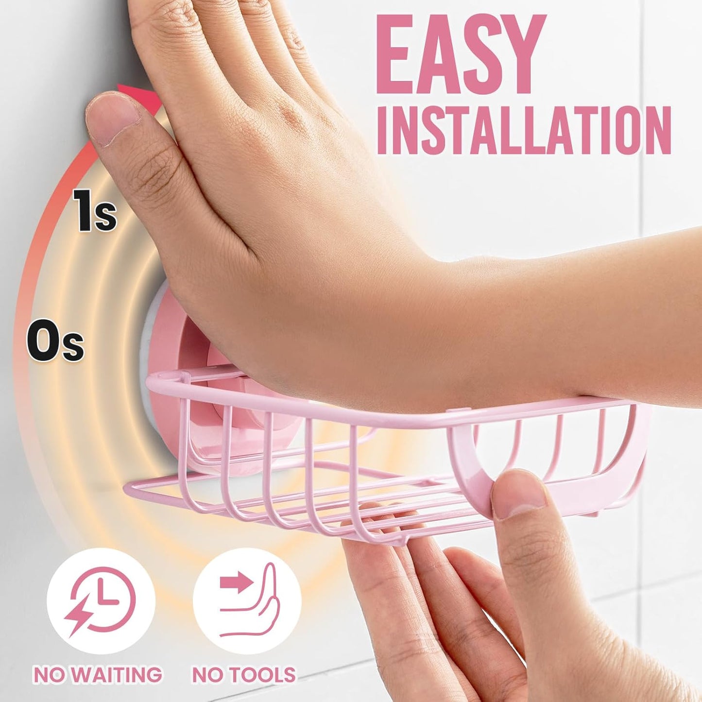 LEVERLOC Soap Holder Dish with Hooks for Shower, Bar Suction Cup Soap Tray Wall Mounted, Rustproof Stainless Steel Sponge Holder Caddy for Bathroom Bathtub Kitchen Sink, Pink