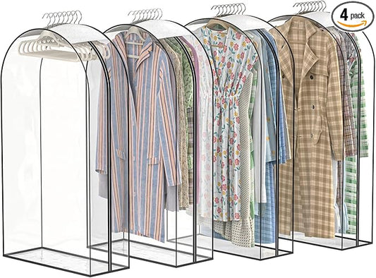 Upgraded Thickened Clear Garment Bags for Hanging Clothes 4 Packs, 10“ Gusseted Clothes Hanging Storage Bags for Closet, Shirts, Coats, Dresses (50 inch)