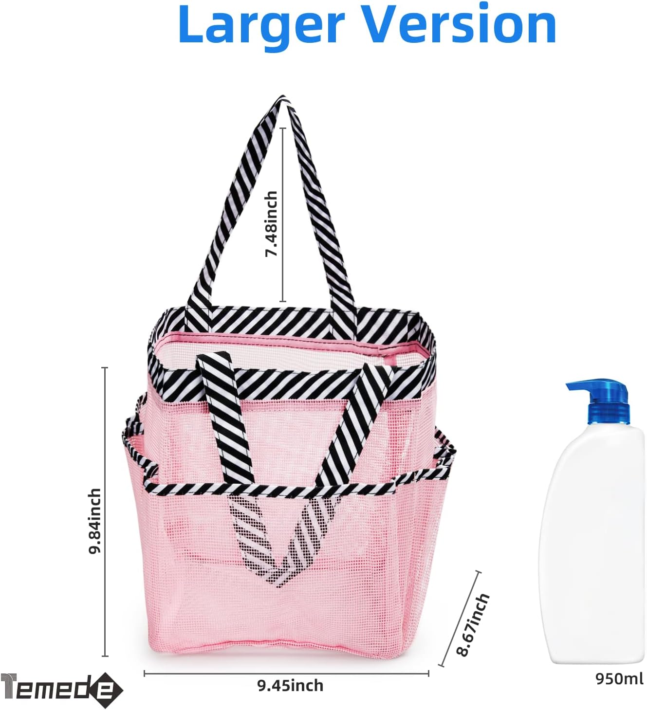 Temede Mesh Shower Caddy Tote, Large Shower Caddy Basket Portable, Quick Dry Hanging Toiletry Bag, 8 Storage Pocket Bath Organizer for College Dorm Room, Gym, Bathroom, Camp, Travel (Pink+Stripes)