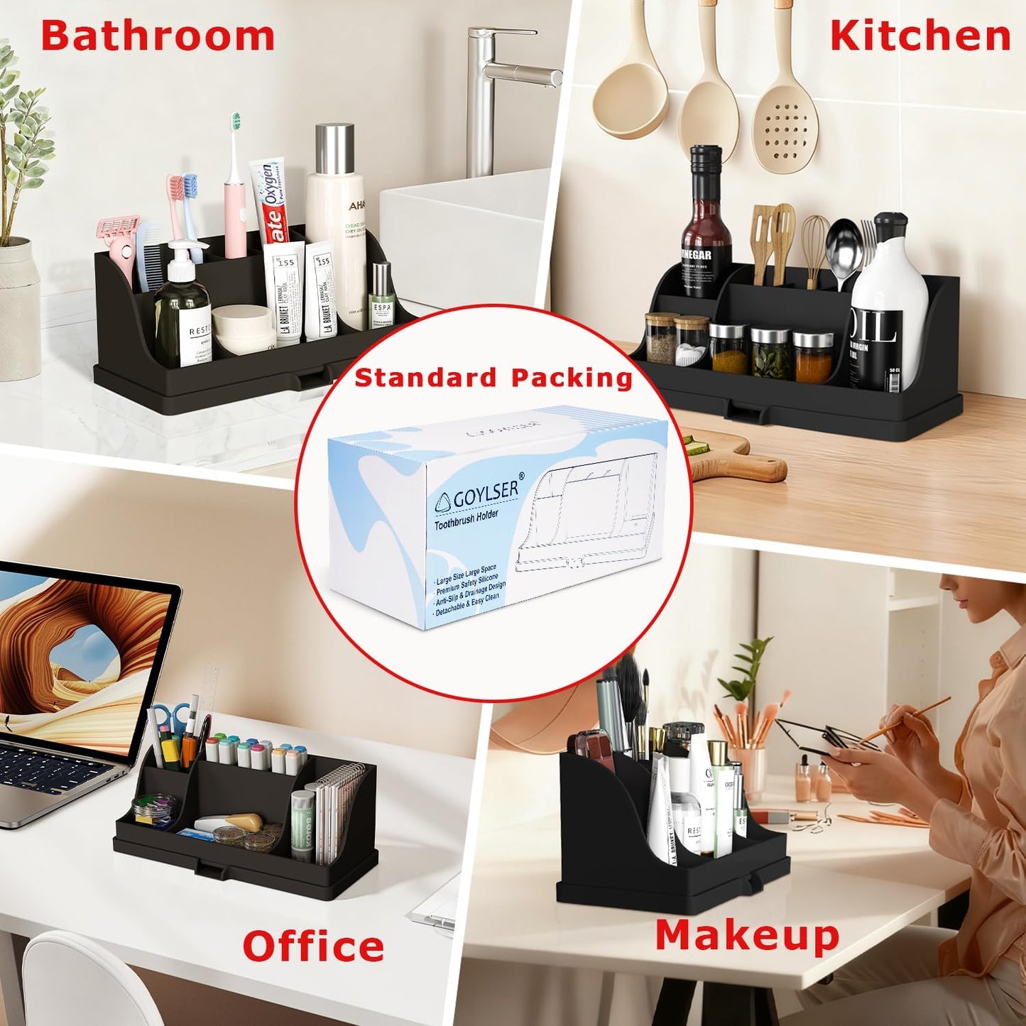 Large Toothbrush and Toothpaste Holder with Drain Tray, Black Silicone Shower Bathroom Vanity Organizer, 7 Compartments Bathroom Organizer Countertop Toothbrush Caddy