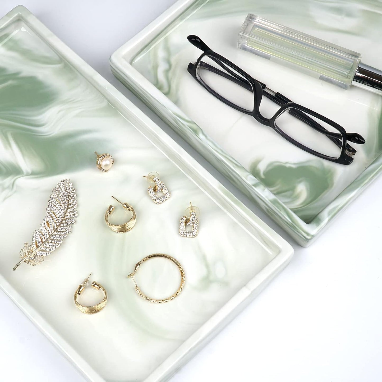 Bathroom Tray,Goporcelain Marble Tray for Bathroom Counter Decor Ceramic Perfume Organizer Vanity Tray for Dresser Jewelry Dish Key Plate Marble Sink Trays Countertop Organizer Holder (Green, Large)