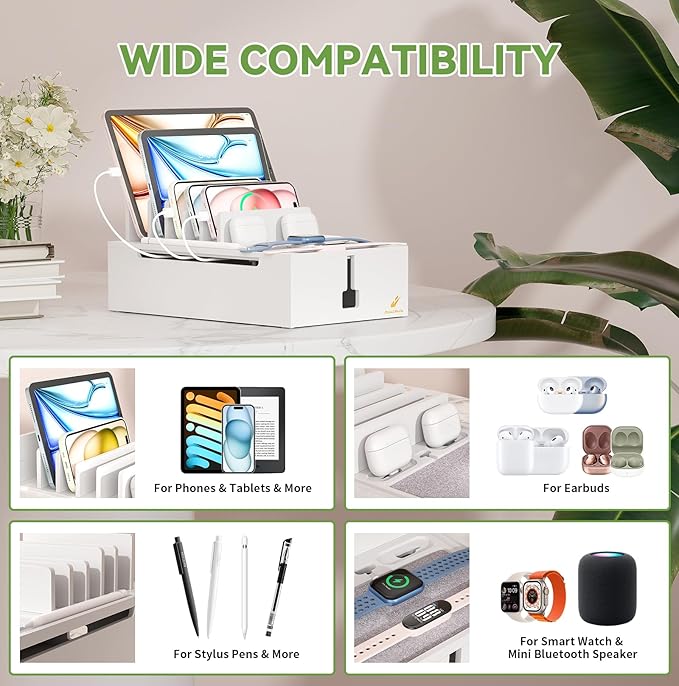 Pezin & Hulin Bamboo Charging Station, Electronic Devices Organizer for Multiple Devices Charger Such As Cell Phone, Tablet, Watch and More, White, (No USB Charger and Cables