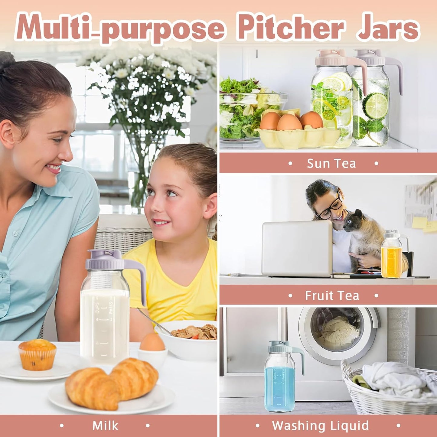 2 Pack Mason Jar with Pour Spout Lid V-shaped, 2 Quart Iced Tea Pitcher Double Leak Proof, 64 oz Drink Pitcher for Breastmilk, Sun Tea, Juice, Coffee Creamer, Formula Pitche