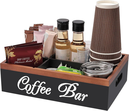 Wooden Coffee Organizer Holder with Divided Sections & Cutout Handle, Farmhouse Coffee Bar Organizer for Pods, Cups, Lids, Syrups, Stirrers & Accessories – Ideal Gift for Home or Office