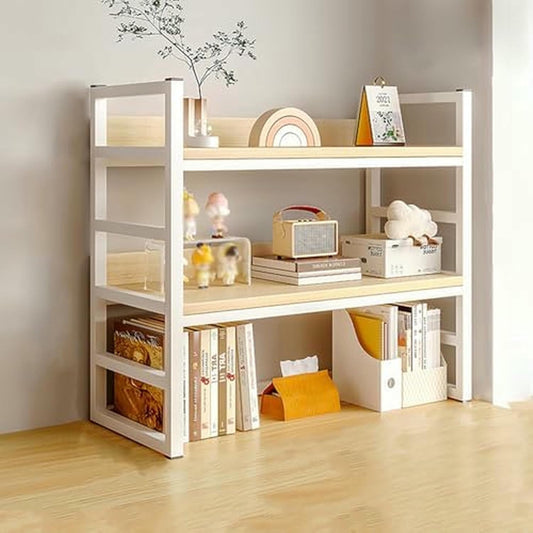 Desktop Bookshelf Organizer, Multipurpose Desk Hutch Dorm, Home Office Rack Wood Metal Bookcase, Open Desktop Storage Shelf for Dorm, Office, Home