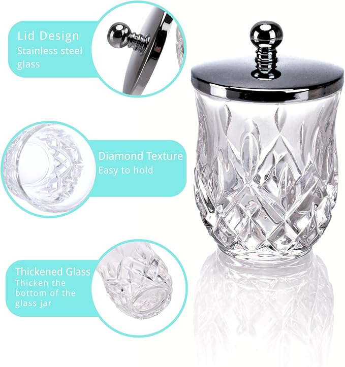 Qtip Holder,10 Oz Clear Glass Apothecary Jars with Silver Lids for Bathroom Organization & Desk Storage,Thick Glass Apothecary Jars for Q-Tips,Cotton Rounds, Jewelry,Candy,Round