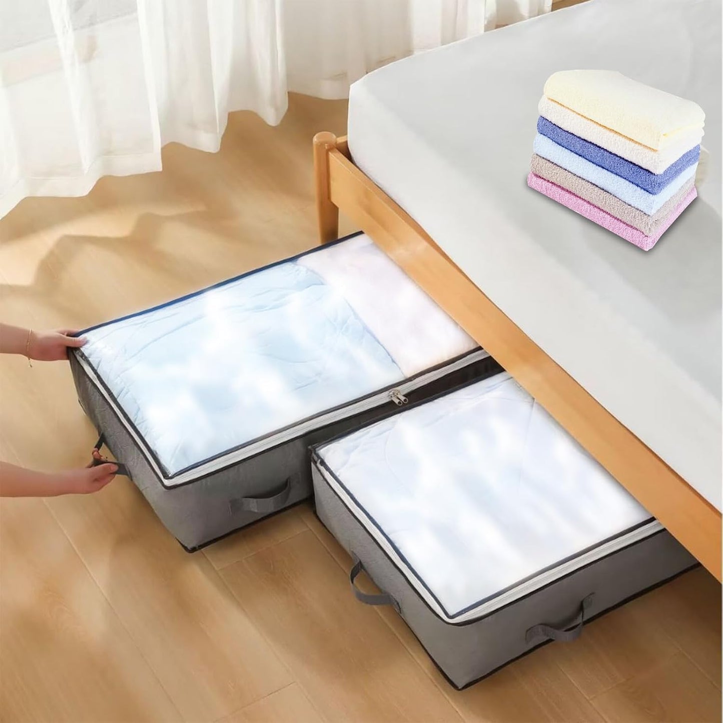 Under Bed Storage Containers, Thin Closet Organizers and Storage Bins with Lids,Clothes Storage Bags for Blankets, Comforter, Sweaters, Pillows