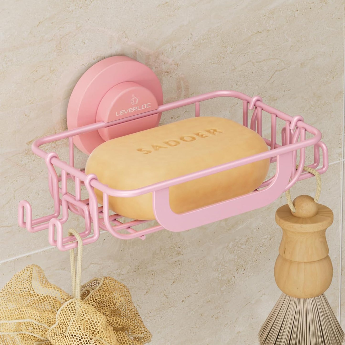 LEVERLOC Soap Holder Dish with Hooks for Shower, Bar Suction Cup Soap Tray Wall Mounted, Rustproof Stainless Steel Sponge Holder Caddy for Bathroom Bathtub Kitchen Sink, Pink