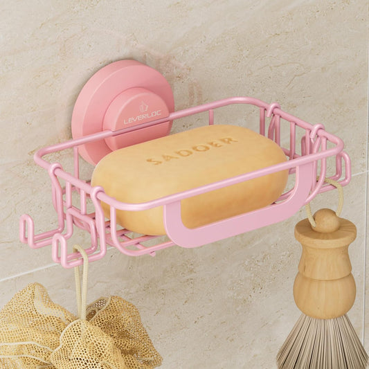 LEVERLOC Soap Holder Dish with Hooks for Shower, Bar Suction Cup Soap Tray Wall Mounted, Rustproof Stainless Steel Sponge Holder Caddy for Bathroom Bathtub Kitchen Sink, Pink