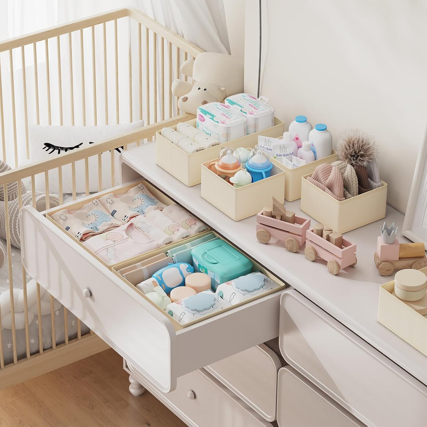 DIMJ Drawer Organizer Clothes 15 Pack - Foldable Baby Organizers and Storage & Dresser Organizer for Bedroom, Closet - Nursery Organization Dresser Dividers for underwear, Sock,Bra, Belt, Tie, Beige