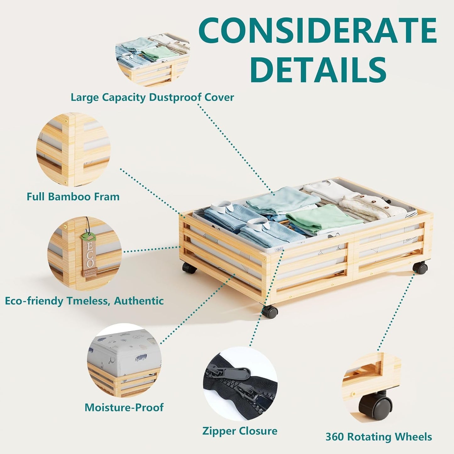 Bamboo Under Bed Storage Containers- Underbed Organizer with Wheels with Large Capacity Dust Bag,Sturdy Wood Rolling Under Bed Shoe Storage Organizer 2 Packs (Nature, 2 Packs (23.62"×16.54"))