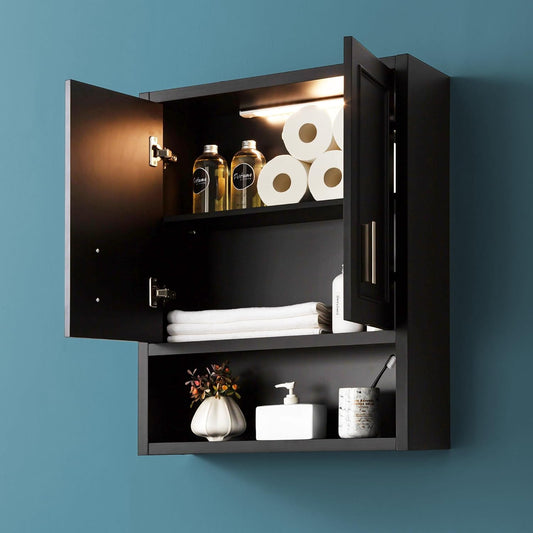 Black Wall Cabinet 23x29 inch for Bathroom Laundry Room Bedroom Kitchen Wood Medicine Cabinet, DIY Lighting, Soft-Close Hinge, 2 Door,Above Toilet Storage