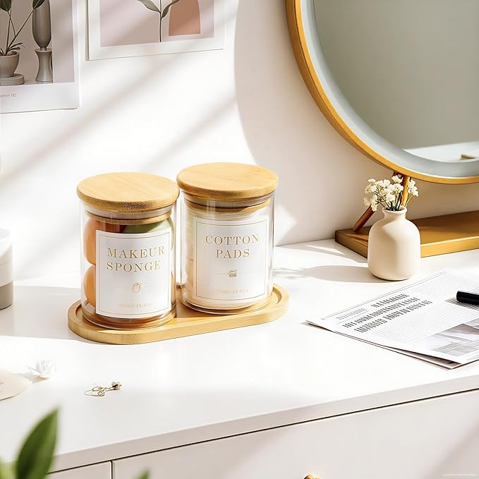 Luxspire Glass Qtip Holder with Vanity Tray, 2 Pack Cotton Swab Holder with Bamboo Lid, 13.4 oz Glass Apothecary Jars Bathroom Accessories Canisters for Cotton Swabs, Balls, Pads, Floss Picks