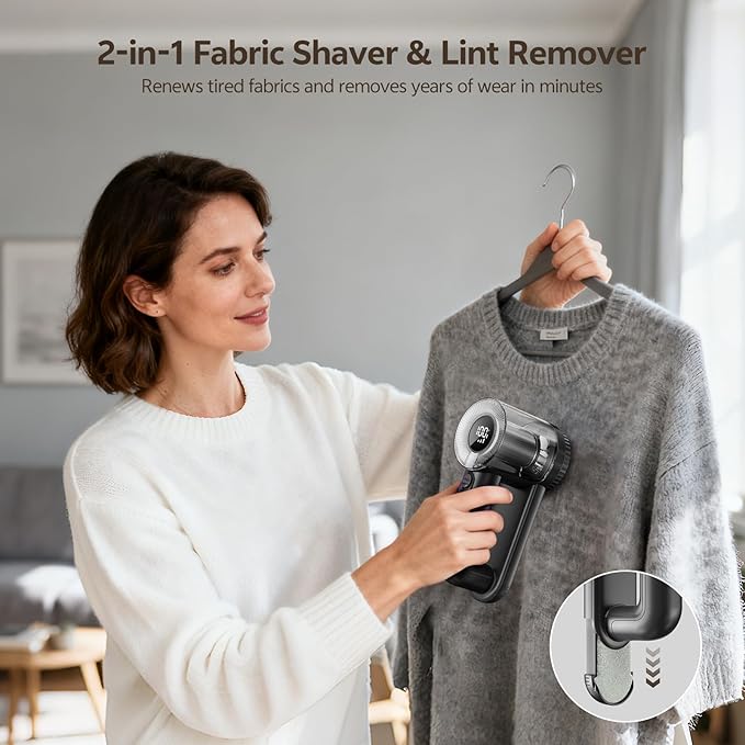 Rechargeable Fabric Shaver, 2-in-1 Lint Remover for Clothing, Furniture, Sweater with 6-Blade, 200ml Container, LED Display, 2000mAh USB-C, 3-Speed Lint Shaver Eliminates Fuzz & Pilling