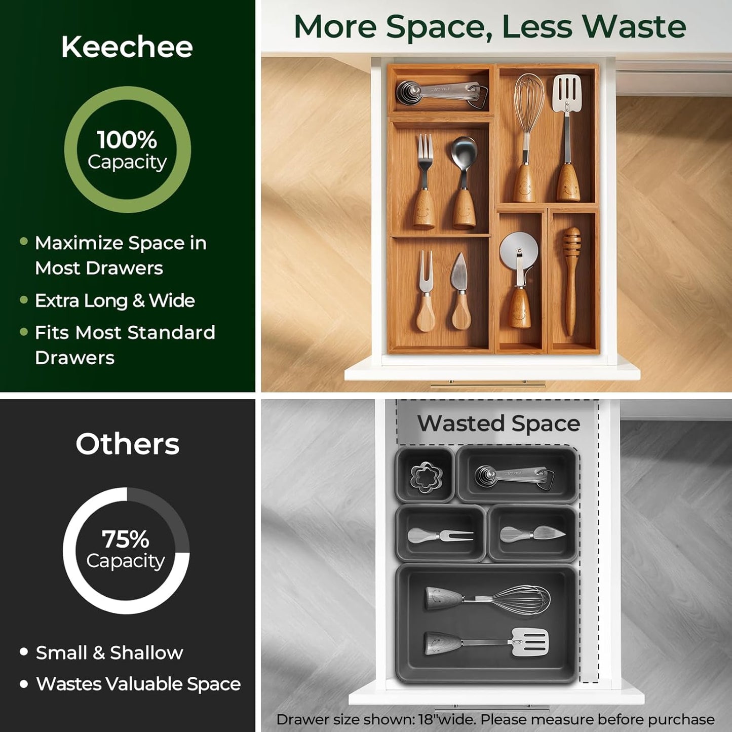 5-Piece Bamboo Drawer Organizer Set, 2.2" Deep Multi-Use Organizers for Utensils, Silverware, Cutlery, Desk, Bathroom, Junk Drawer & Makeup, Non-Slip Feet Included.