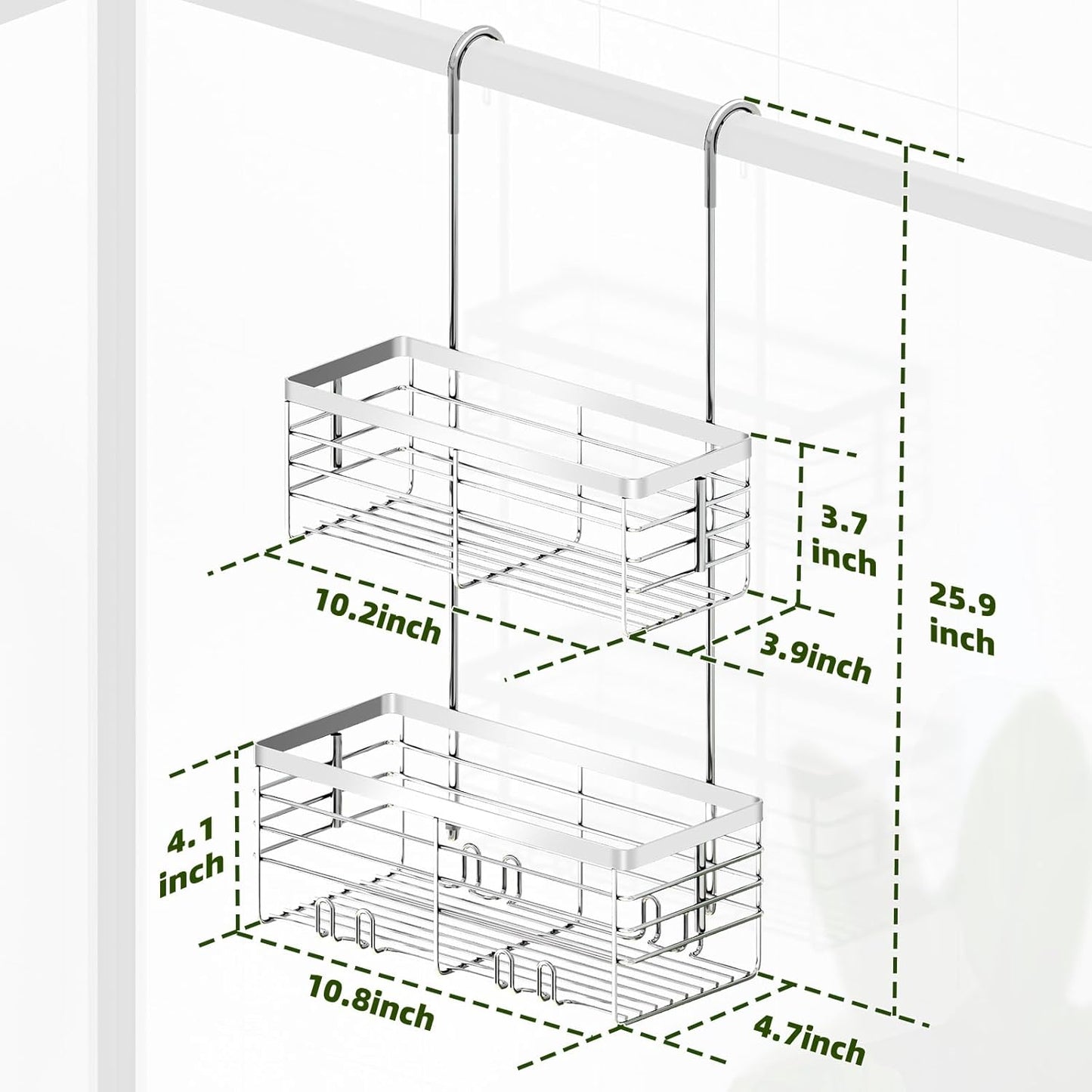 YUOROS Shower Caddy Hanging, 2 Tier Over the Door Shower Organizer Rack 304 Stainless Steel Rustproof (Silver)