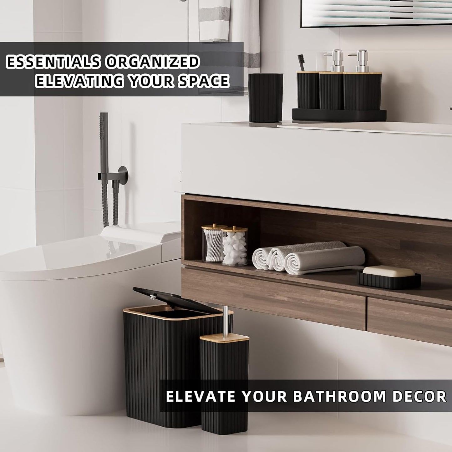 Bathroom Accessories Set - Elegant Black Bathroom Set, 10PC Bathroom Accessory Set, Toilet Brush, Trash Can, Qtip Holder Dispenser & Soap Dispenser