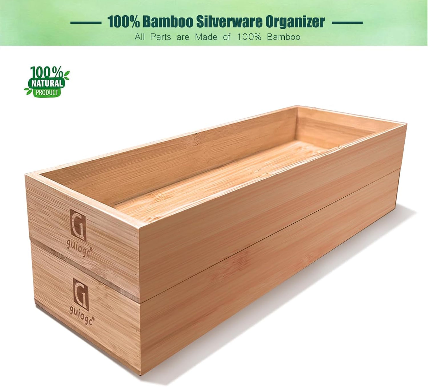 Set of 2 Bamboo Drawer Organizer, Stackable Utensil Organizer for Kitchen, Bamboo Storage Box Wood Silverware Tray for Drawer